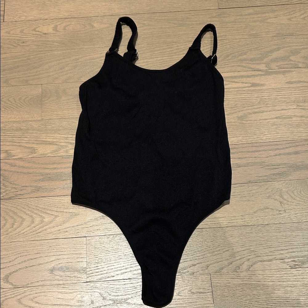 Fashion Nova Black Ribbed Scoop Bodysuit with Adjustable Straps